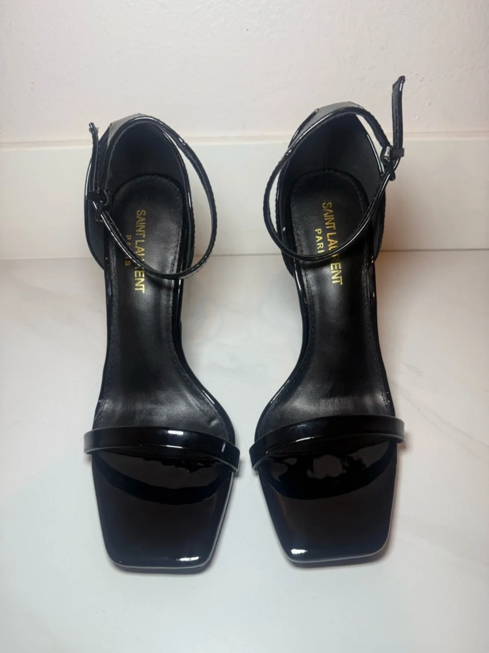 Saint Laurent Black Patent Logo-Heel Ankle-Strap Sandals - Picture 4 of 8